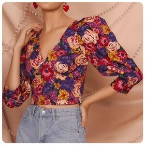 Zara Floral Print Cropped Puff Shoulder Top